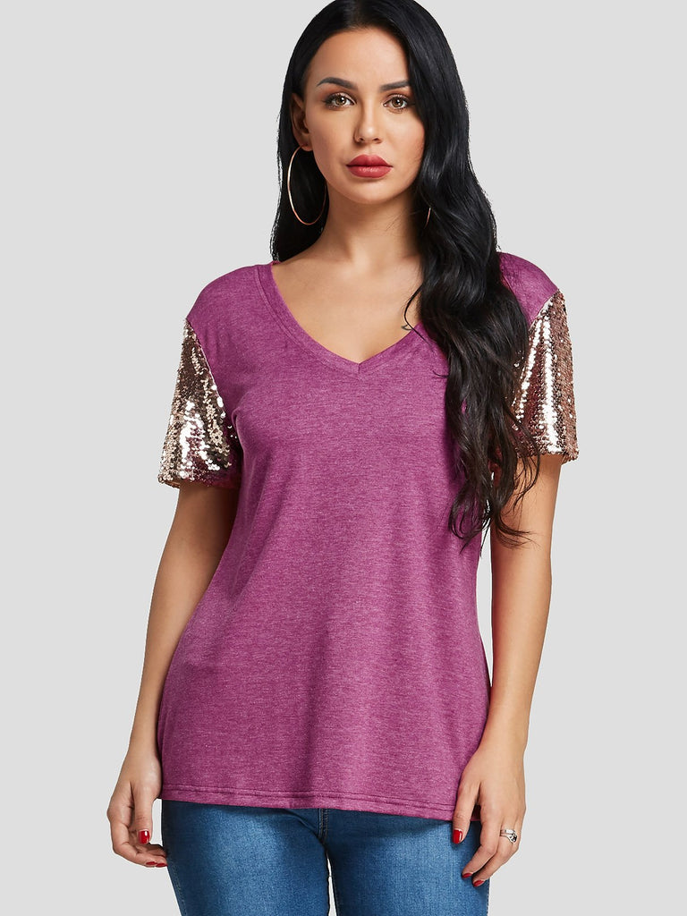 V-Neck Sequins Embellished Short Sleeve T-Shirts