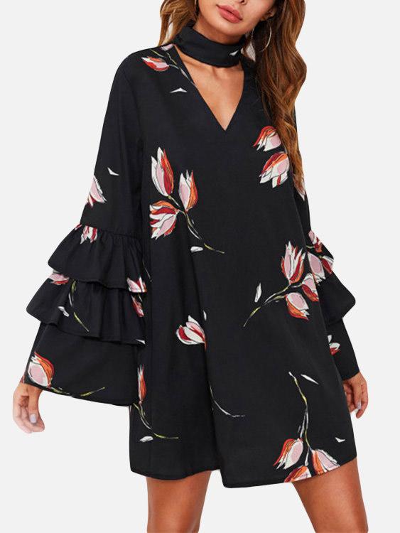 V-Neck Long Sleeve Floral Print Zip Back Mini Dress