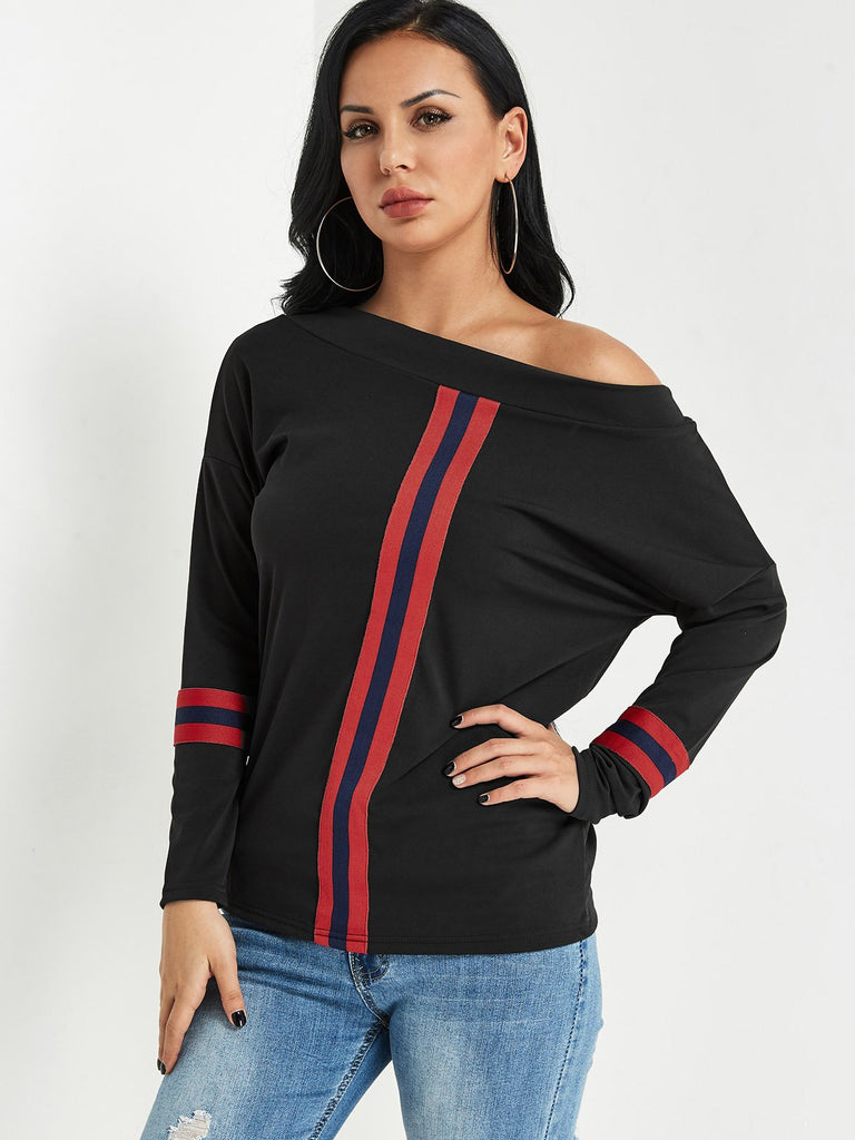 One Shoulder Stripe Long Sleeve Top