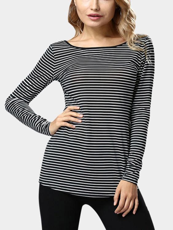 Round Neck Stripe Long Sleeve Fashion Tee