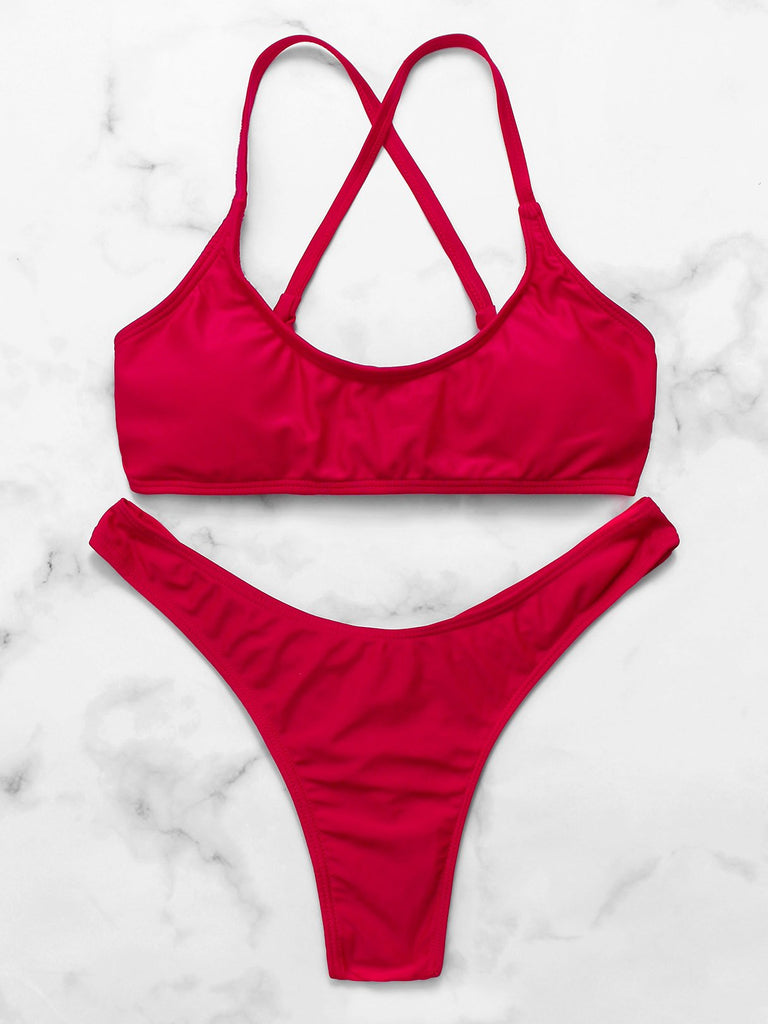 Red Scoop Neck Sleeveless Plain Criss-Cross Tie-Up Two Piece Bikinis