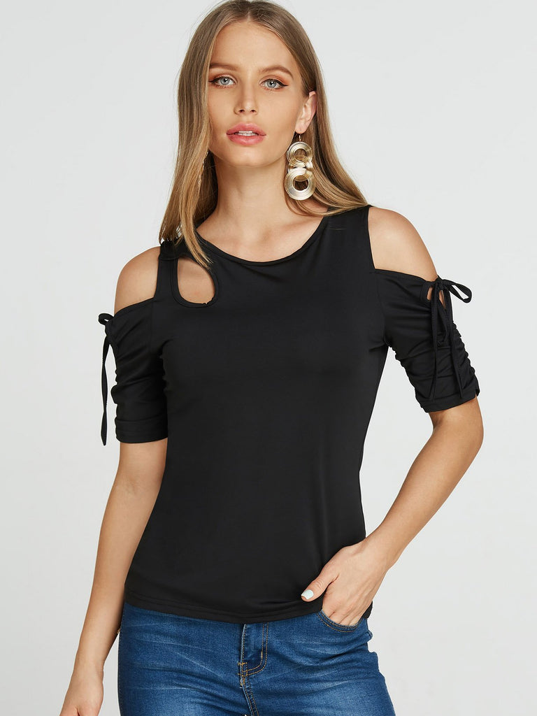 Cold Shoulder Plain Cut Out Pleated Tie-Up Short Sleeve Black T-Shirts