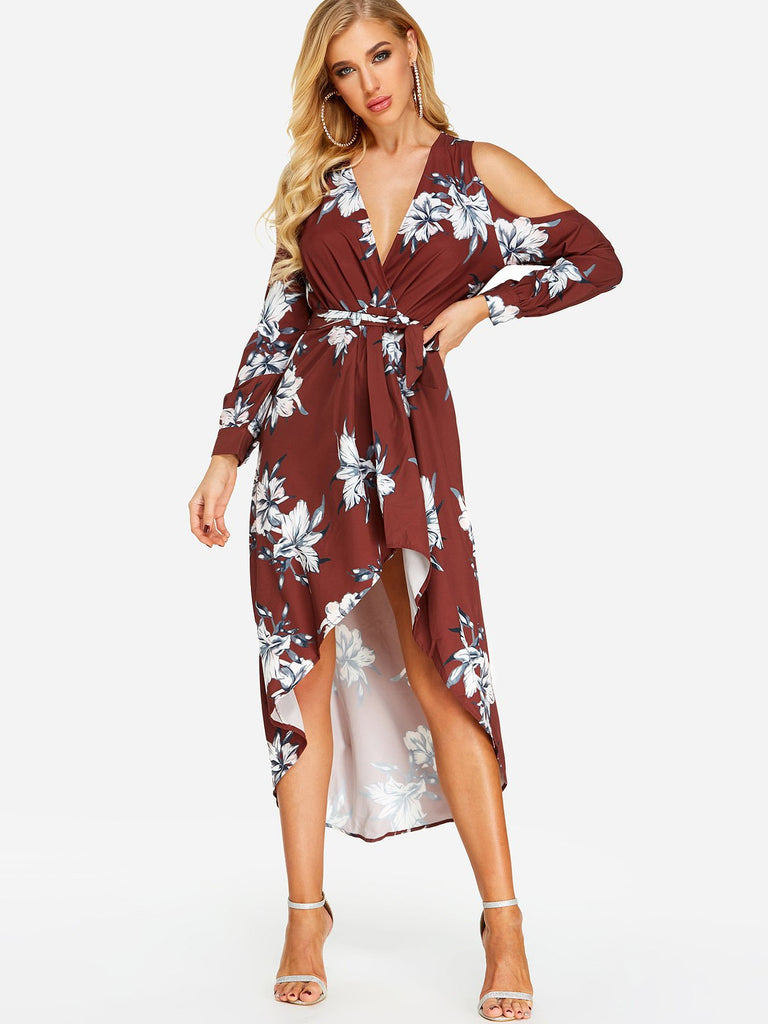 V-Neck Cold Shoulder Long Sleeve Floral Print Self-Tie Wrap Maxi Dress
