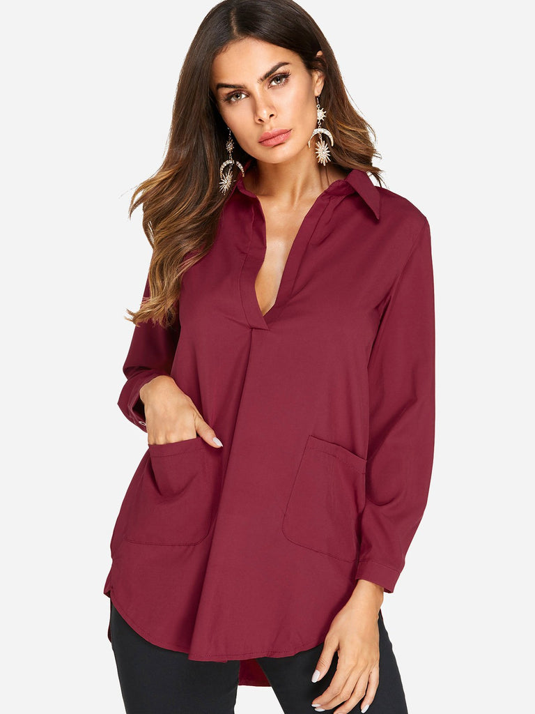 Side Pockets Long Sleeve Curved Hem Burgundy T-Shirts