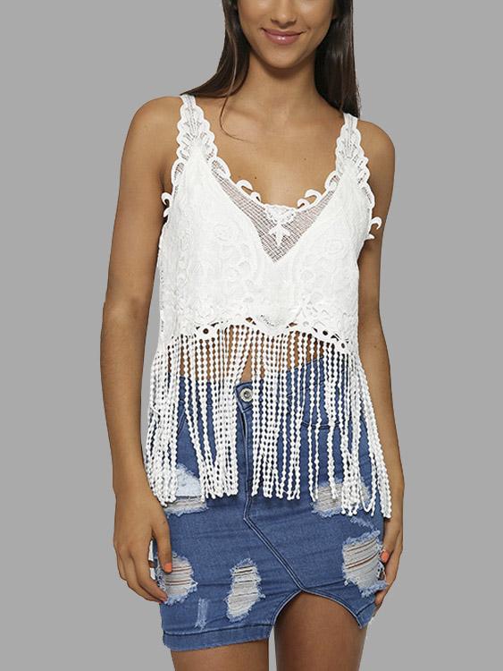 V-Neck Tassel Sleeveless Tassel Hem White Camis