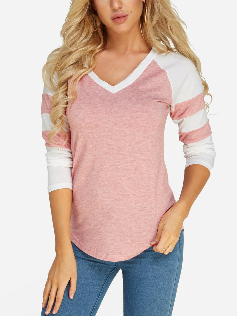 V-Neck Plain Long Sleeve Pink T-Shirts