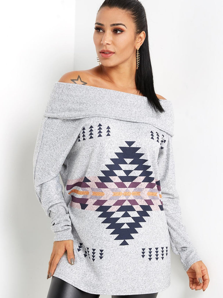 Drape Sagging Geometrical Long Sleeve Grey T-Shirts