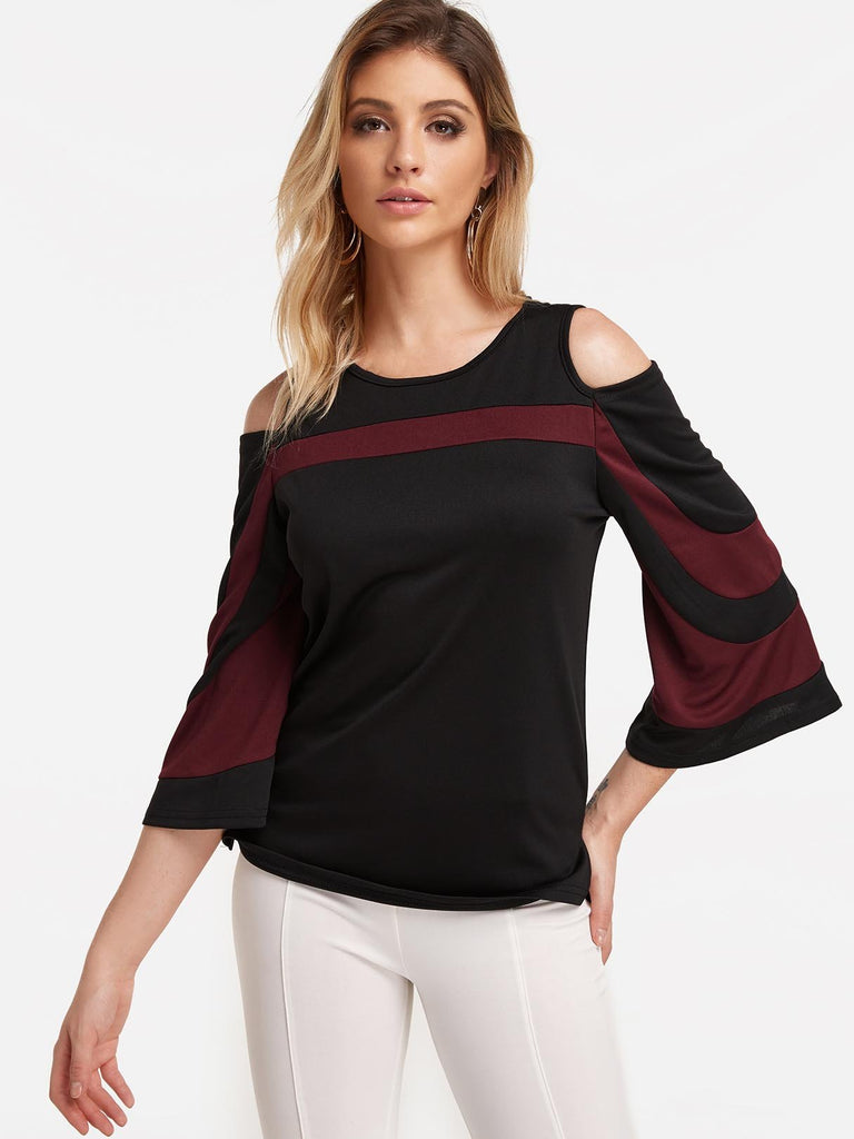 Cold Shoulder Stripe 3/4 Sleeve Black Top
