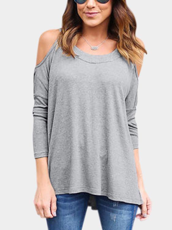 Round Neck Cold Shoulder Long Sleeve Grey Top