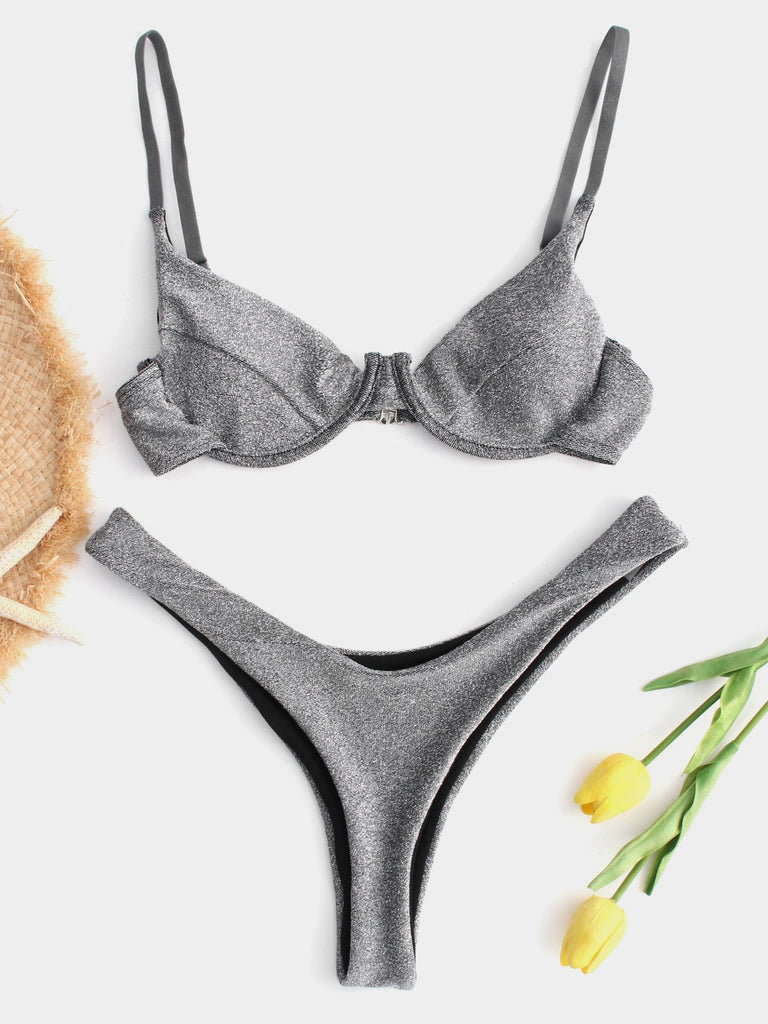 Silver V-Neck Sleeveless Sequins Embellished Bikinis