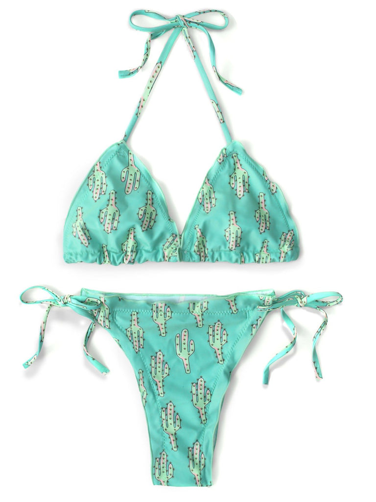 Halter Sleeveless Printed Backless Two Piece Bikinis