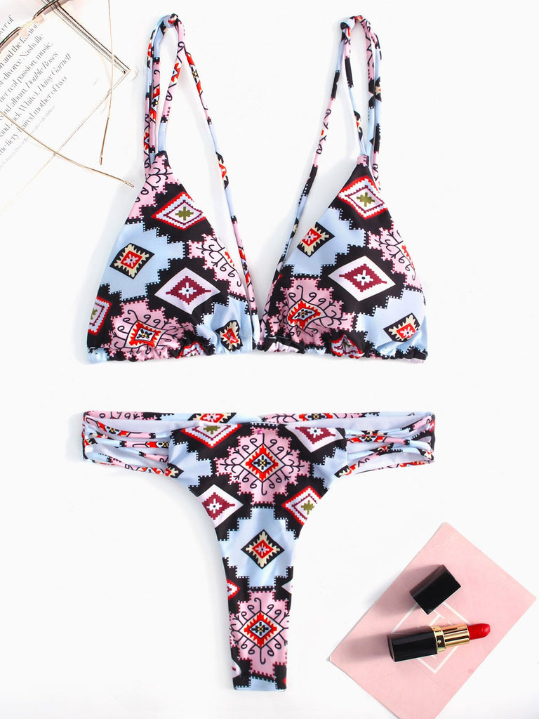 Sleeveless Geometrical Spaghetti Strap Two Piece Bikinis
