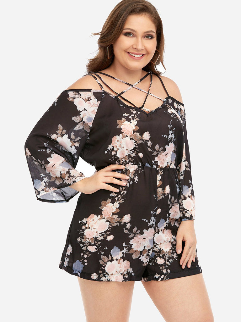 Cold Shoulder Floral Print Criss-Cross Long Sleeve Black Plus Size Bottoms