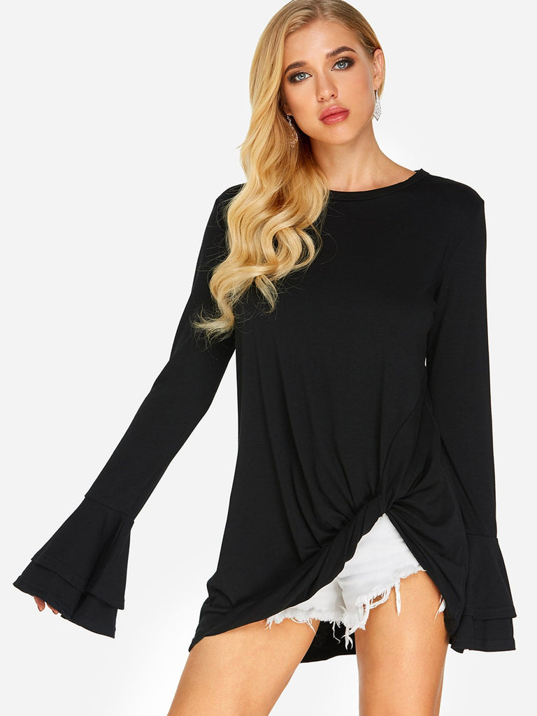 Round Neck Plain Long Sleeve Black Top