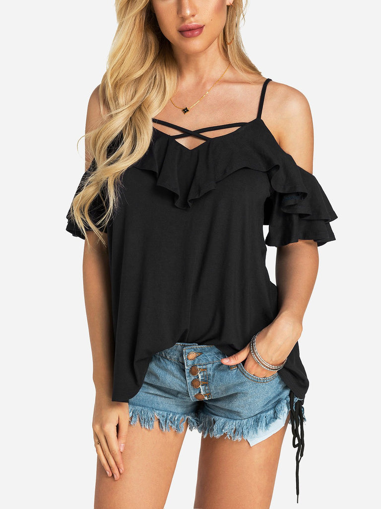 V-Neck Cold Shoulder Backless Lace-Up Short Sleeve Black T-Shirts