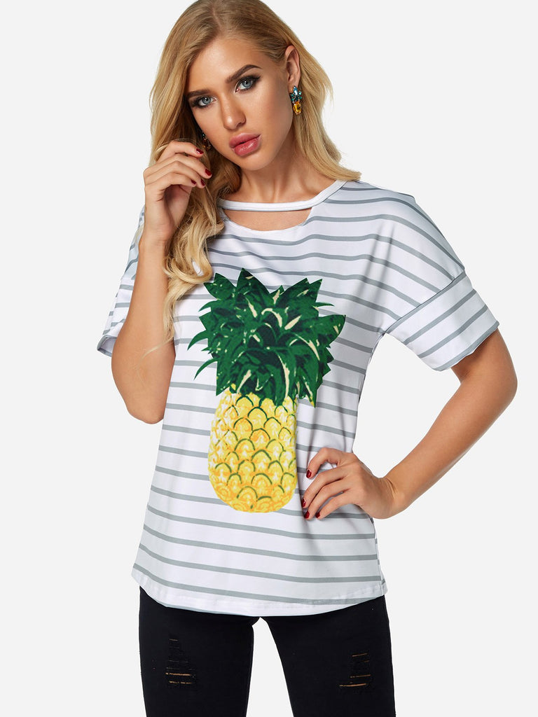 Round Neck Stripe Printed Cut Out Short Sleeve White T-Shirts