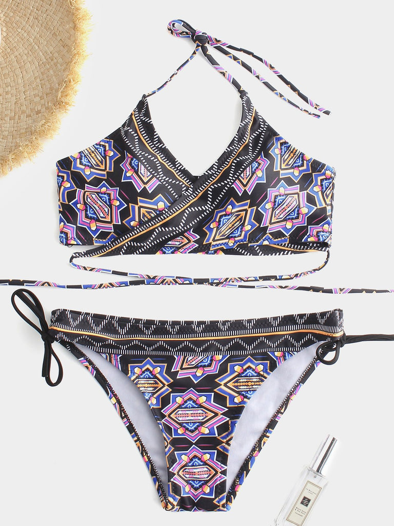 V-Neck Sleeveless Floral Print Backless Cross Over Bikini Suit