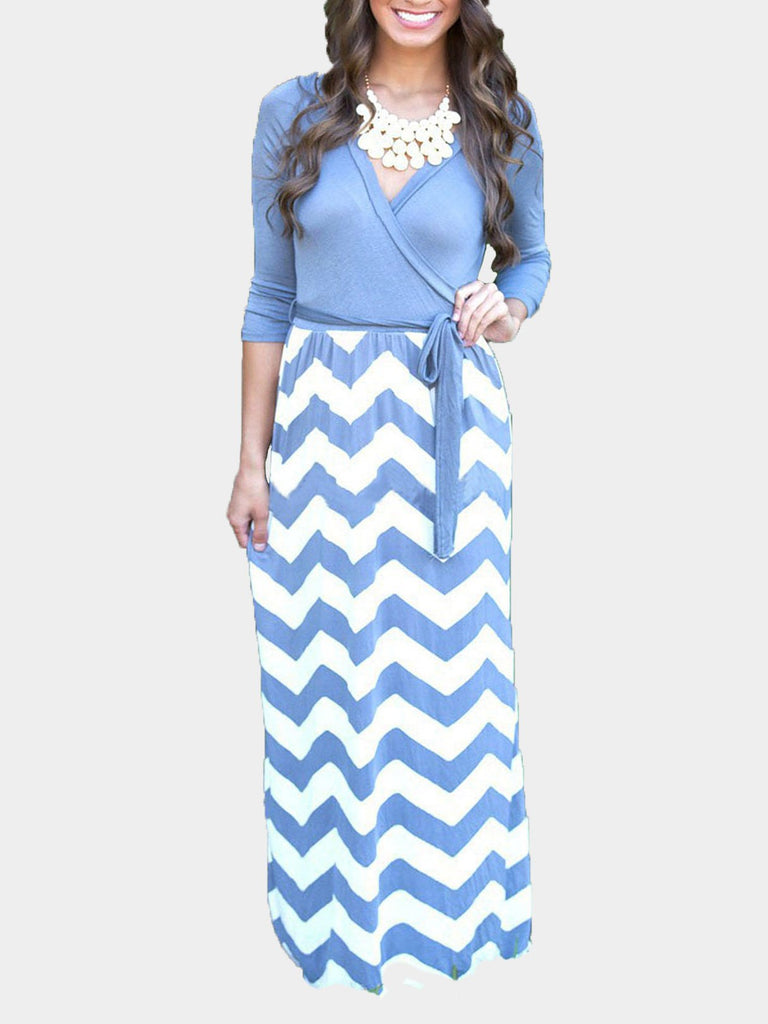 V-Neck Stripe Long Sleeve Maxi Dress