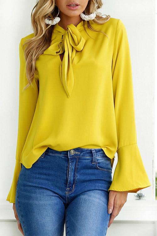 Self-Tie Design Bell Sleeves Chiffon Blouse