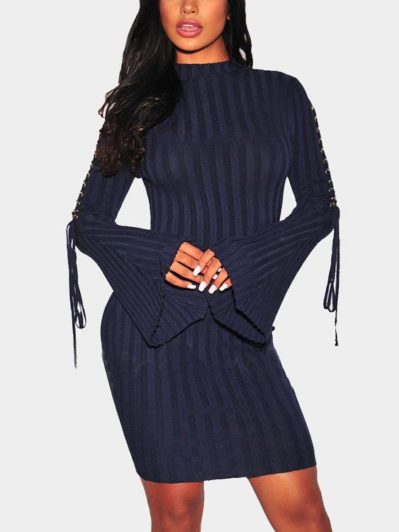 Navy Round Neck Long Sleeve Plain Lace-Up Midi Dress