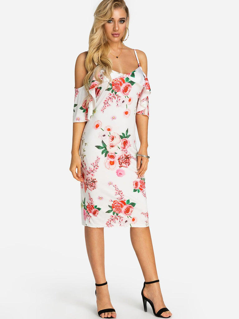 White Off The Shoulder Short Sleeve Floral Print Backless Spaghetti Strap Flounced Hem Mini Dress