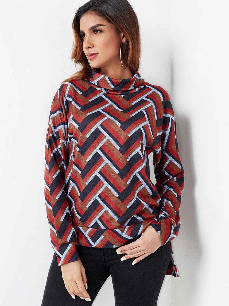High Neck Long Sleeve Slit Hem T-Shirts