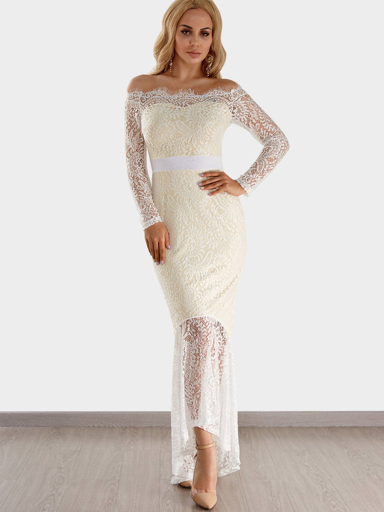 White Off The Shoulder Long Sleeve Plain Crochet Lace Embellished Zip Back Backless Hollow Irregular Hem Maxi Dress