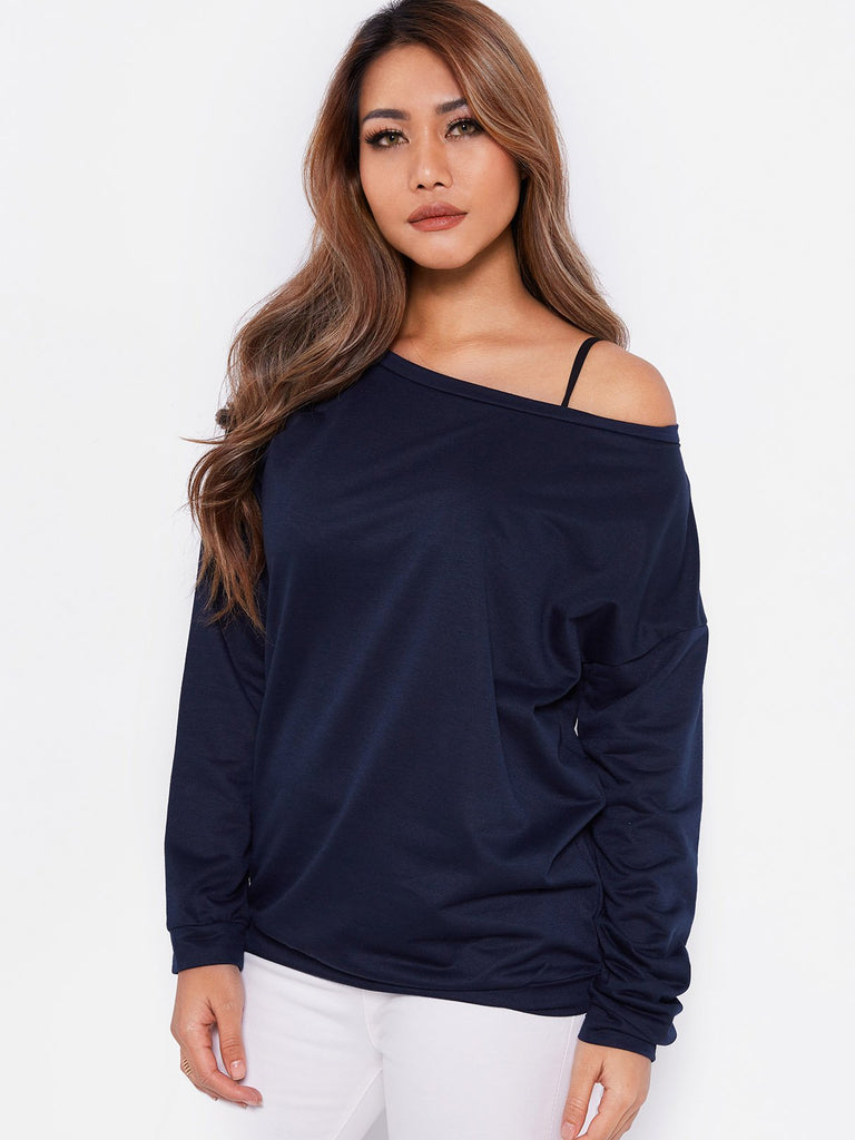 One Shoulder Long Sleeve Navy Top