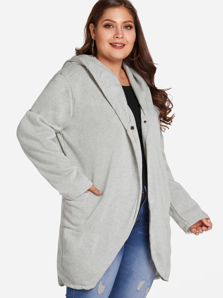 Plain Side Pockets Hooded Long Sleeve Light Grey Plus Size Coats & Jackets