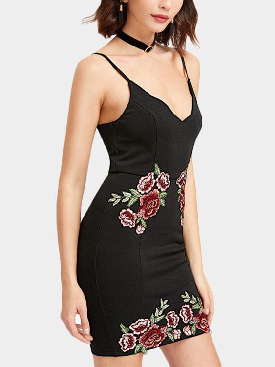 Black V-Neck Embroidered Dresses