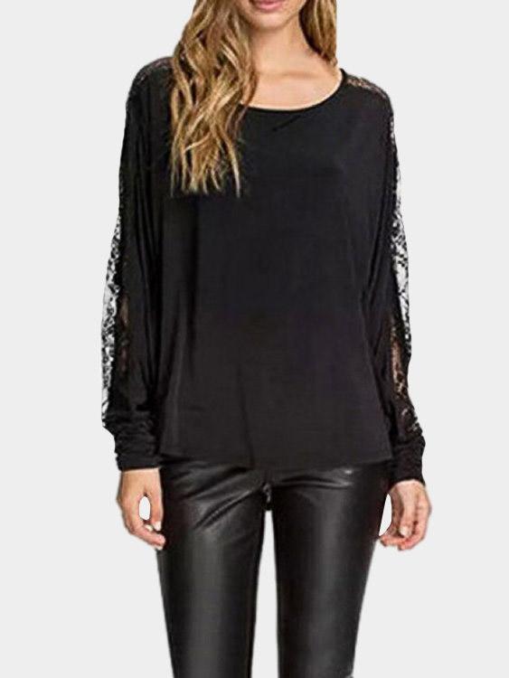 Round Neck Lace Long Sleeve Black Tee