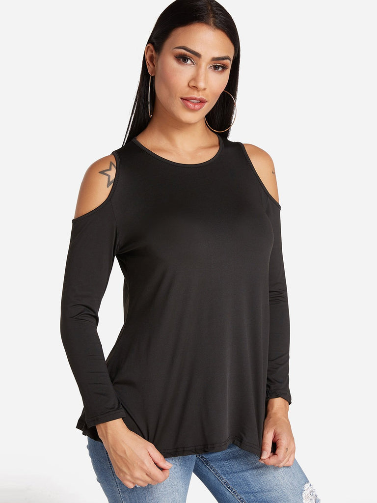 Round Neck Cold Shoulder Plain Cut Out Long Sleeve T-Shirts