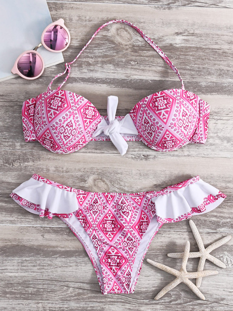 Pink Halter Printed Self-Tie Ruffle Trim Bikini Sets