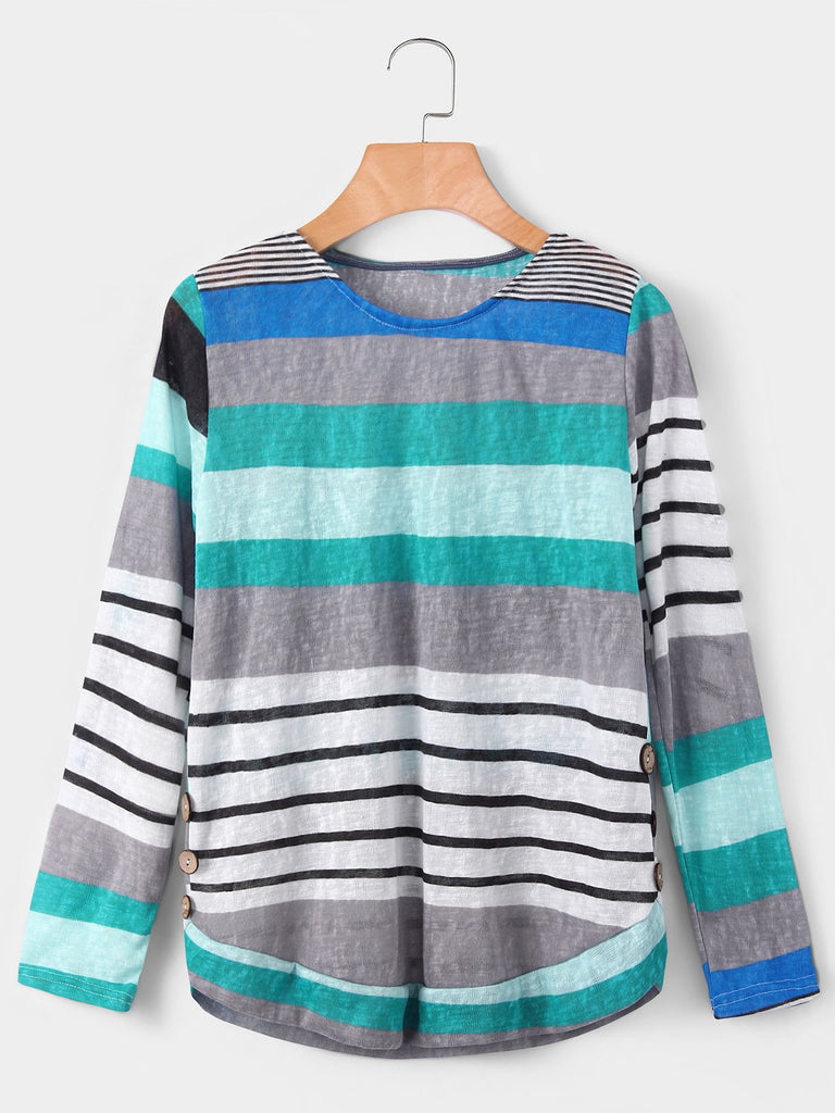 Round Neck Pullover Stripe Long Sleeve T-Shirts