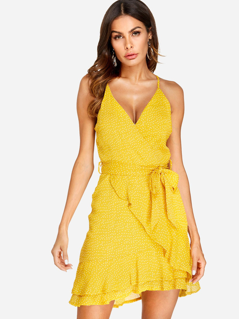 Yellow V-Neck Sleeveless Polka Dot Zip Back Backless Belt Self-Tie Wrap Flounced Hem Dresses