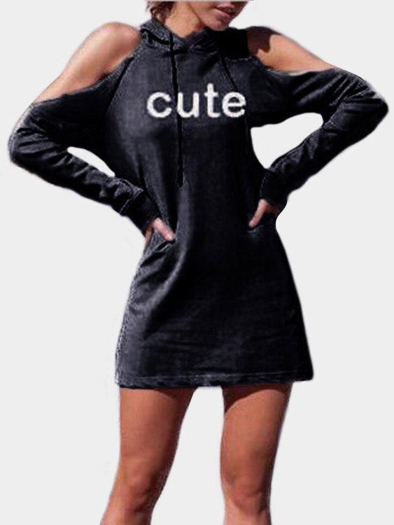 Grey Cold Shoulder Long Sleeve Letter Hooded Mini Dresses