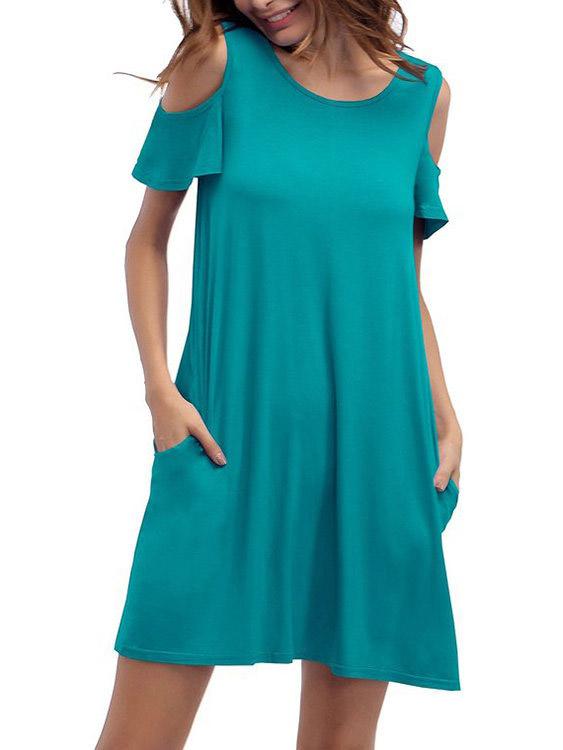 Green Round Neck Cold Shoulder Short Sleeve Side Pockets Mini Dress