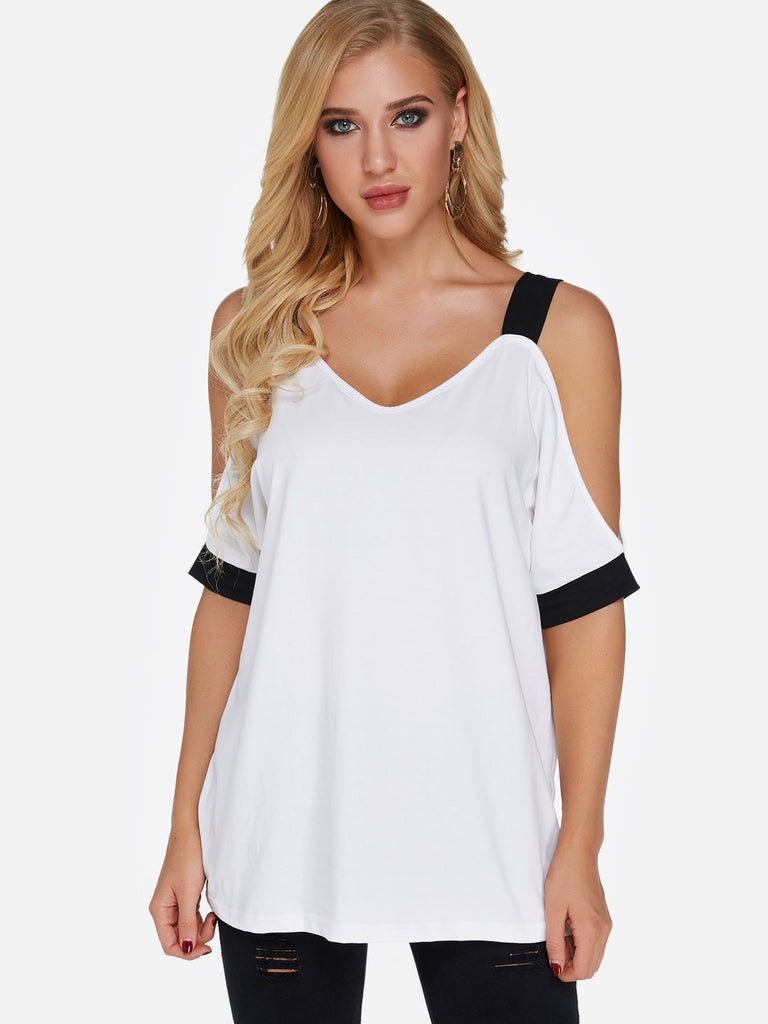 Cold Shoulder Plain Half Sleeve White T-Shirts