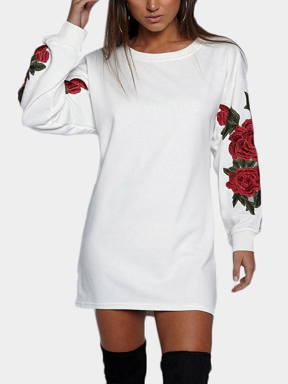 White Round Neck Long Sleeve Shirt Dresses