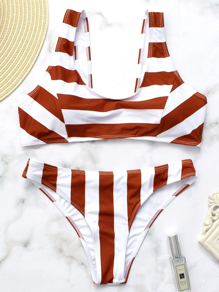 Scoop Neck Sleeveless Stripe Bikinis