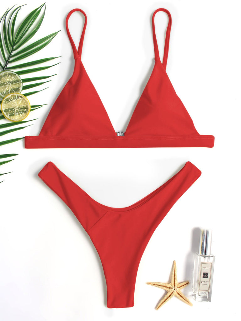 Red Deep V Neck Sleeveless Plain Spaghetti Strap 2 Piece Bikinis
