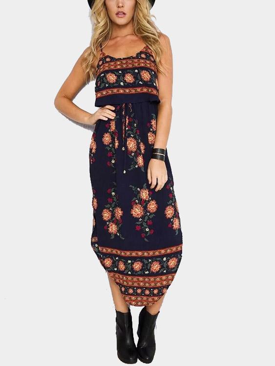 Sleeveless Floral Print Curved Hem Maxi Dress