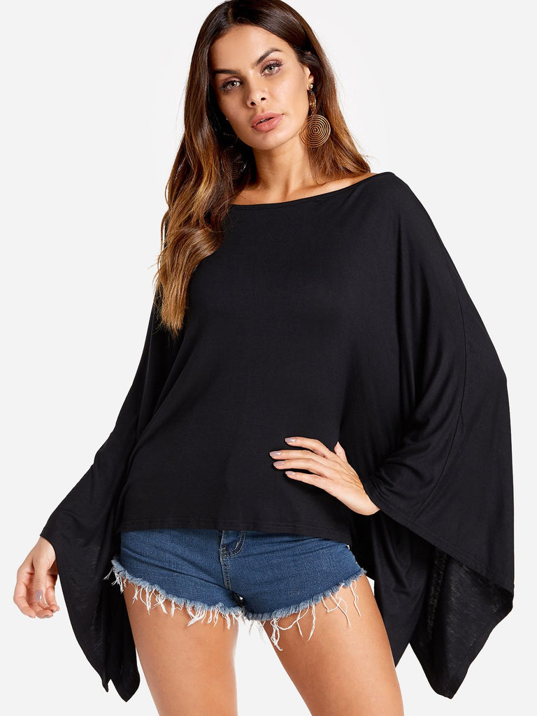 Round Neck Long Sleeve Black Blouses