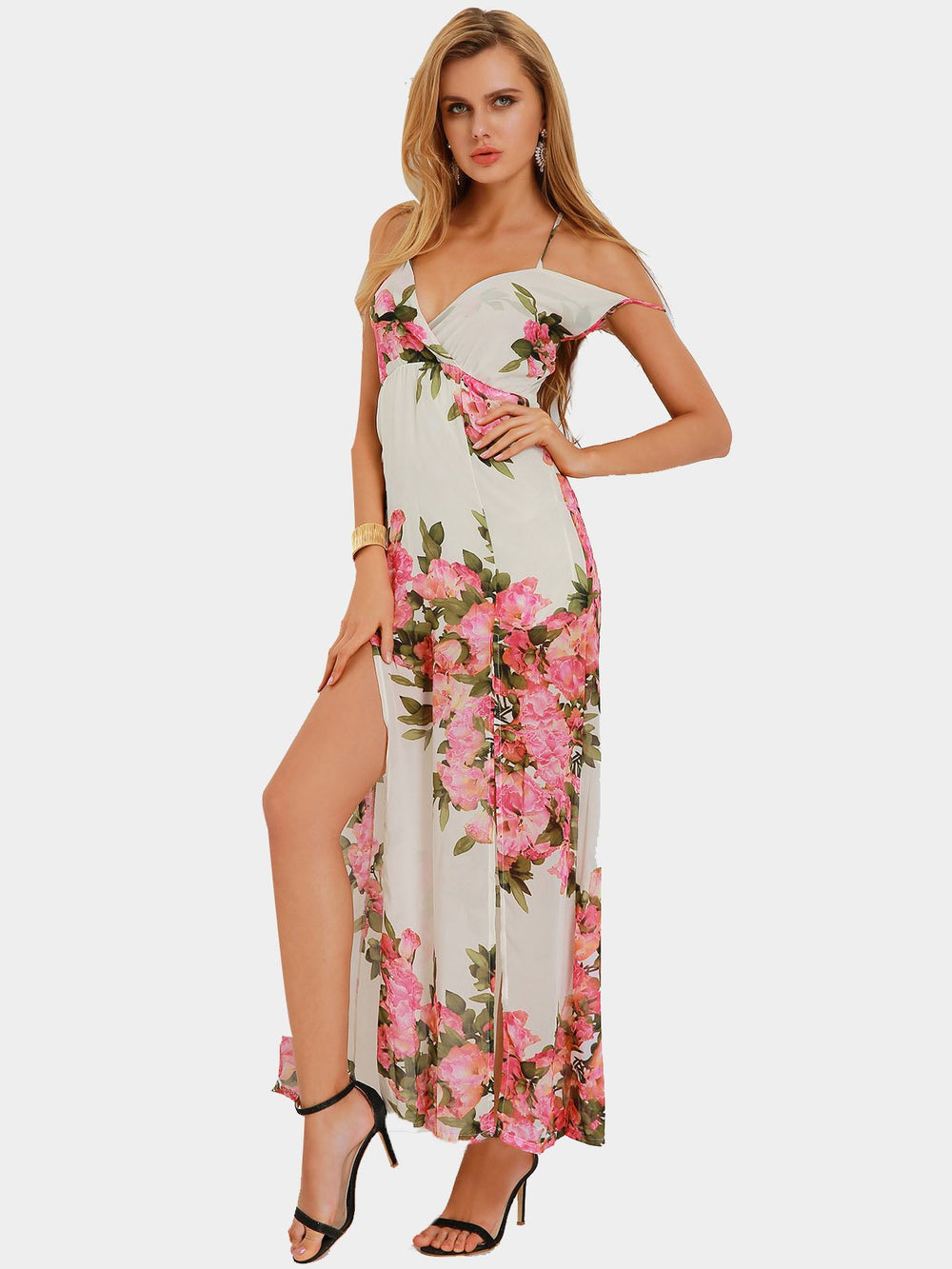 V-Neck Sleeveless Floral Print Slit Hem High Waist Maxi Dress