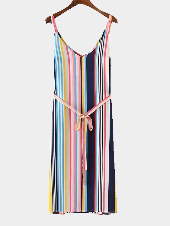 V-Neck Sleeveless Stripe Midi Dress