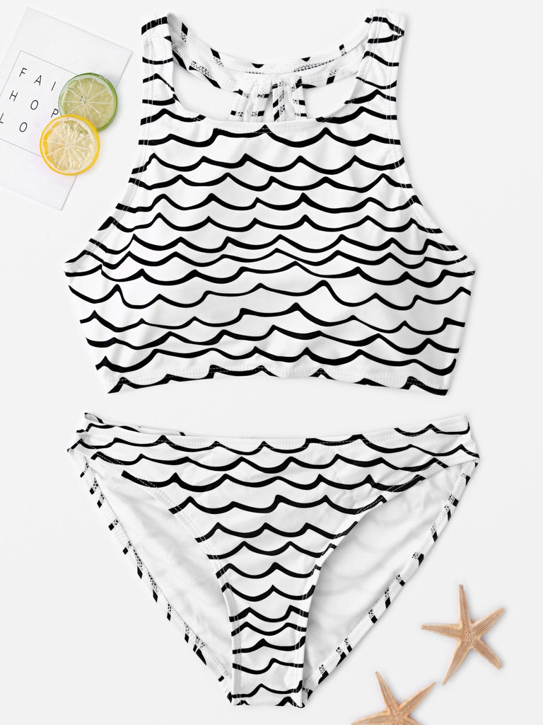 Black Sleeveless Printed Cut Out Wireless Two Piece Bikinis