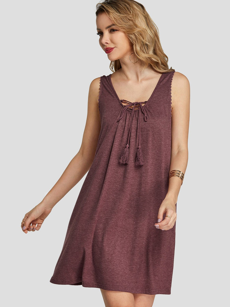 Burgundy V-Neck Sleeveless Plain Backless Lace-Up Lace Trim Dresses