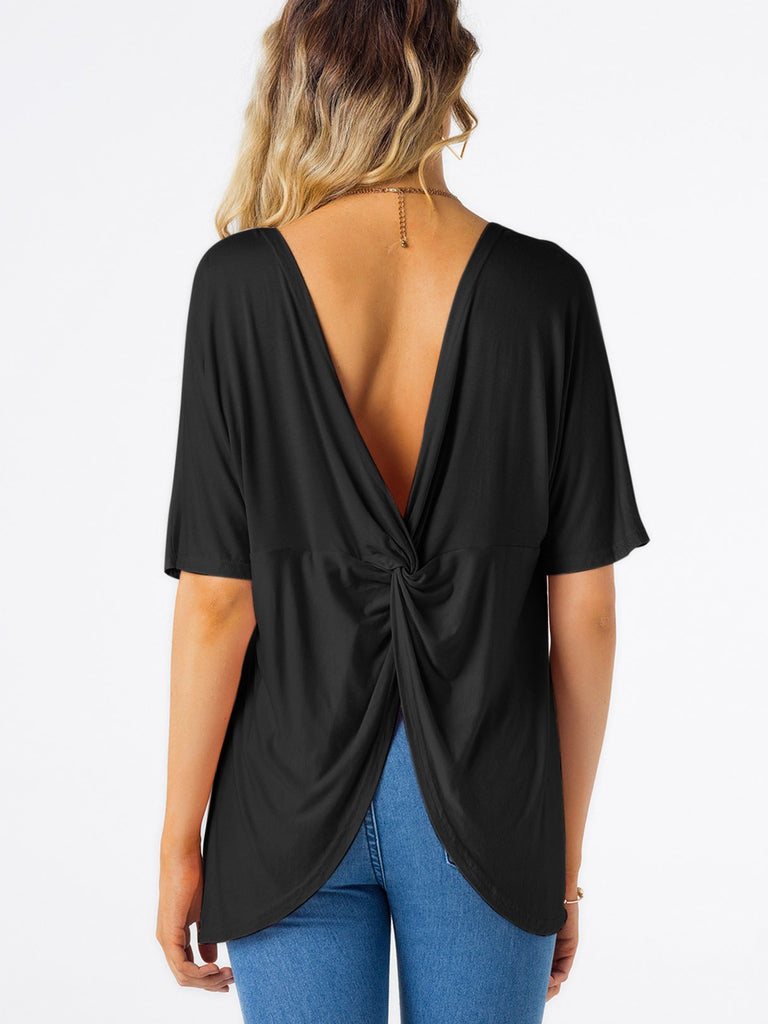 Round Neck Plain Crossed Front Backless Slit Half Sleeve Black T-Shirts
