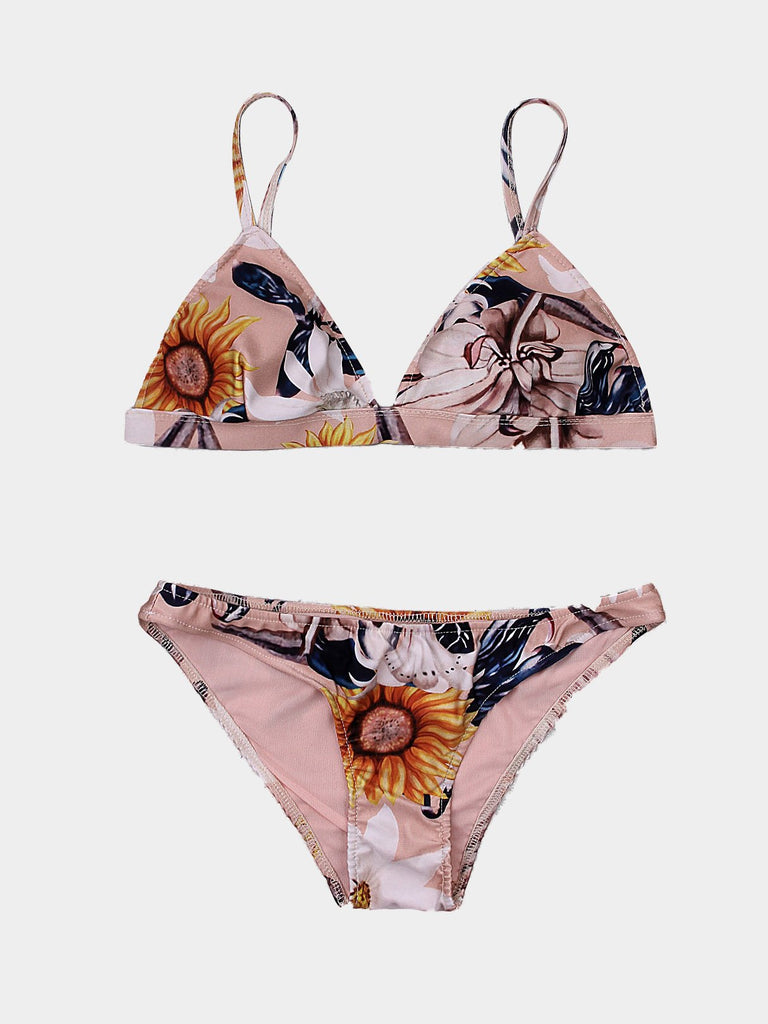 Pink V-Neck Sleeveless Floral Print Bodycon Two Piece Bikinis