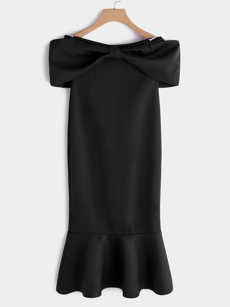 Off The Shoulder Plain Bowknot Short Sleeve Flounced Hem Black Dresses